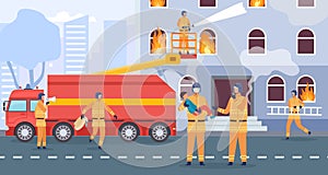 Flat fire emergency vector concept, firefighter and truck