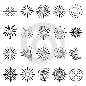 Flat fireworks black clipart. Exploding firework, celebration simple circle festive icons. New year carnival