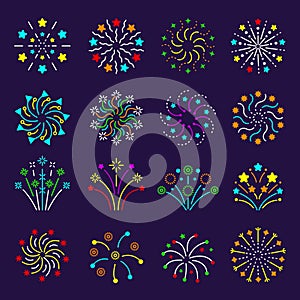 Flat fireworks. Celebration burst stars entertainments birthday gift symbols recent vector fireworks icons collection