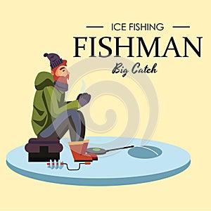 Flat fisherman hat sits on bag with spin fishing rod in hand and catches bucket, Fishman crocheted spin into the ice