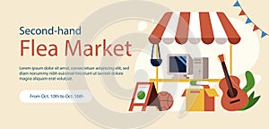 Flat flea market shopping horizontal banner template Vector illustration.