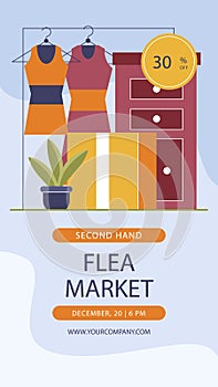 Flat flea market shopping posts stories set Vector illustration.