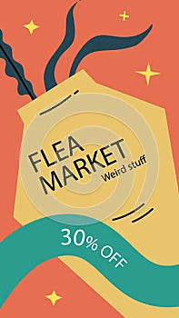 Flat flea market shopping posts stories set Vector illustration.