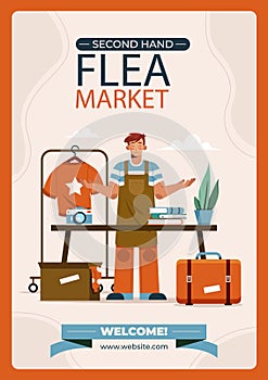 Flat flea market shopping vertical poster template Vector illustration.