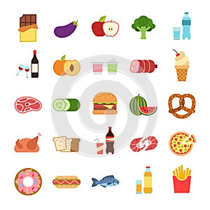 Flat food. Hamburger and bread, pizza and fruits, drinks. Vegetables, alcohol and meat, vine and water, seafood