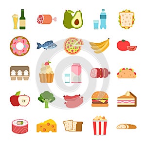 Flat food icons. Menu planning elements, fruits and vegetables, drinks, cheese and bread, milk and alcohol, meat