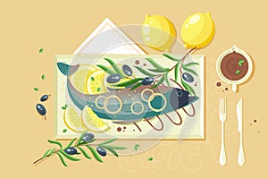 Flat food with souce, lemon, fish, green for seafood dish.