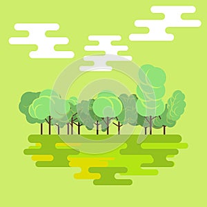 Flat forest green nature landscape background isolated vector. Natural tree beautiful tropical color. Summer season design organic