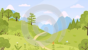 Flat forest with meadow, trees, bushes and mountains landscape. Cartoon spring green hills nature with flowers and