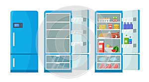 Flat fridge vector. Closed and open empty refrigerator. Blue fridge with healthy food, water, meet, vegetables