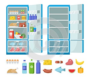 Flat fridge vector. Full and empty refrigerator in the kitchen. Freezer and food illustration