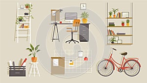 Flat furnishings modern design vector interior items set, furniture, creative office room workspace