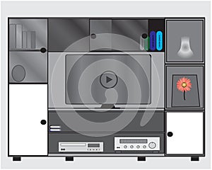 Flat furniture designs for televisions, CD players and books