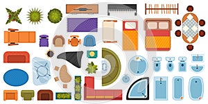 Flat furniture icons for interior floor plan design. Dining and living room, kitchen, bedroom and bathroom. Apartment