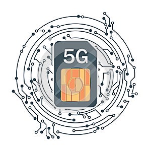 Flat 5G Sim Card echnology background, with microelectronics