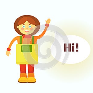 A flat gardener girl in yellow apron greets you. A cloud is displayed for the dialog with the finished text `Hi!`.