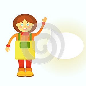 A flat gardener girl in a yellow apron greets you. Displays a cloud for dialog. You can leave your text there.