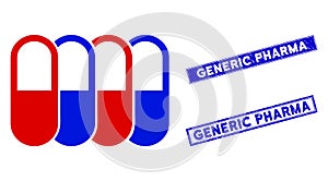 Flat Generic Pharma Icon and Scratched Rectangle Generic Pharma Watermarks