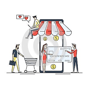 Flat geometric linear illustration of Online payment concept. Linear package sell, paying on screen purchase now discount. Flat