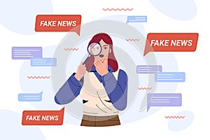 Flat girl with magnifying glass research on fake news spreads