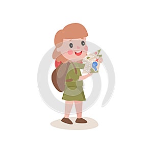 Flat girl scout studying tourist map and backpack on her back, summer camp activities