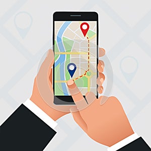 Flat GPS navigation in the phone with a red and blue pointers. GPS tracking map. Track navigation pins on street maps