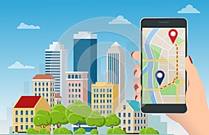 Flat GPS navigation in the phone with a red and blue pointers. GPS tracking map. Track navigation pins on street maps