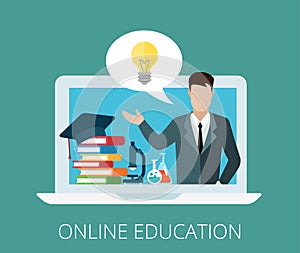 Flat graceful teacher on laptop screen with idea in chat bubble vector illustration. Online, remote and distant education courses