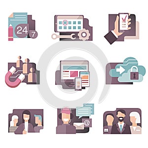 Flat gradient icons vector set in stylish colors of business people, web development, call center and seo concepts. Isolated on wh