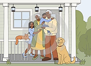 Flat grandmother, grandfather and grandchildren embracing on porch of house