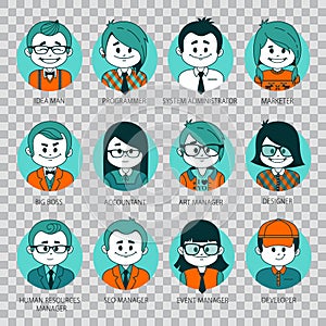 Flat graphic people icons. Set of people avatars on transparent background