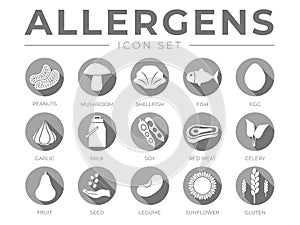 Flat Gray Allergens Icon Set. Allergens, Mushroom, Shellfish, Fish, Egg, Garlic, Milk, Soy Red Meat, Celery, Fruit, Seed, Legume