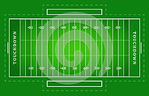 Flat green american football field. Top view of rugby field with line template. Vector stadium