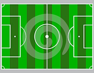 Flat green field, football grass. Soccer field with line template. Vector stadium.