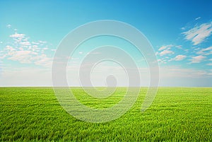 Flat green grass field with blue sky above simple background