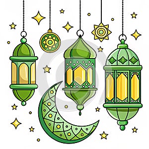 Flat Green Hanging Lantern Doodle for Islamic Header Element Decoration in Cute Cartoon Vector Illustration Isolated on White