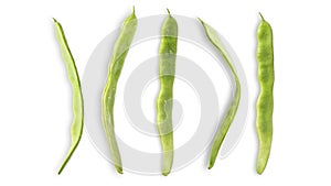 Flat green pods of raw helda romano string beans isolated on a white background. Summer diet, Healthy nutrition concept. Food and
