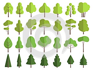 Flat green trees. Nature plants clean shaping forms vector collection isolated