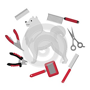 Flat grooming salon equipment set, dog haircut tools icons. Doggy groomer collection, nail clipper, cutter, Slicker and brush, com
