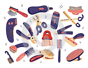 Flat grooming tools set vector. Dog and cat care equipment elements