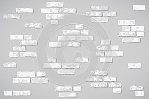 Flat grunge brick wall blocks, pieces of stone wall on grey background. Vector cartoon textured brick masonry, brickwall