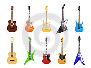 Flat guitars. Acoustic and electric guitar musical instruments. Vector isolated set photo