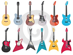 Flat guitars. Electric rock guitar, acoustic jazz and metal strings music instruments flat vector illustration set photo