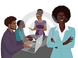 Flat hand drawn african people in the office, lady boss concept, business group portrait
