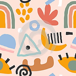 Flat hand drawn contemporary abstract elements made as seamless vector pattern. Abstraction doodles and shapes on colored backgrou