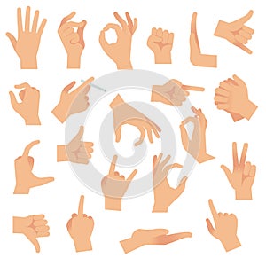 Flat hand gestures. Pointing human finger gesture, open hand signal. Arm communication attention signs vector collection photo