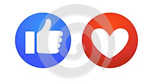Flat hand and heart, signs of reaction in social networks. Dislike and emoticon, round blue symbol thumbs up, red icon with heart