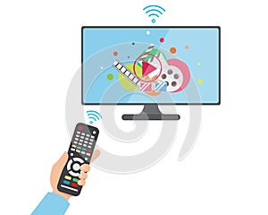 Flat Hand Holding Remote Control to Smart TV