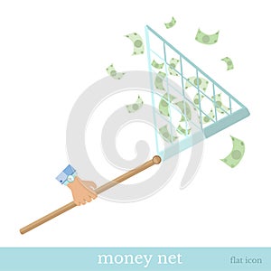 Flat hand with net catch maoney concept business icon
