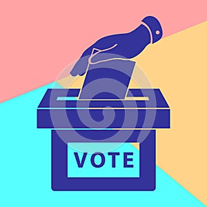 Flat hand putting vote bulletin into ballot box icon. Election concept photo